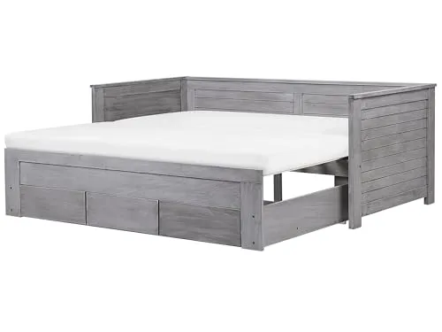 Bett mit Schubladen Holz CAHORS 90 x 200 cm Grau - Industrielles Tagesbett mit 3-in-1-Funktion, ideal für Einzel- und Doppelbedarf. Inklusive 3 praktischen Schubladen für zusätzlichen Stauraum und aus hochwertigem Gummibaumholz gefertigt.