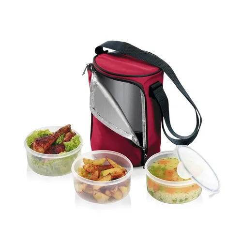 Tescoma Essenträger FRESHBOX mit 3 Dosen 0.8 l, bordeauxrot - Vorratsdosen für unterwegs, hält Speisen warm oder kühl, mit wasserdichten Dosen und thermoisolierender Tasche, ideal für Uni, Büro oder Picknick.