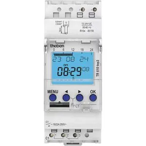 Theben Zeitschaltuhr TR 610 top3 12-24 V - Digitale Hutschienen-Zeitschaltuhr mit 56 Speicherplätzen für individuelle Schaltzeiten, ideal für Innenanwendungen und Made in Germany.