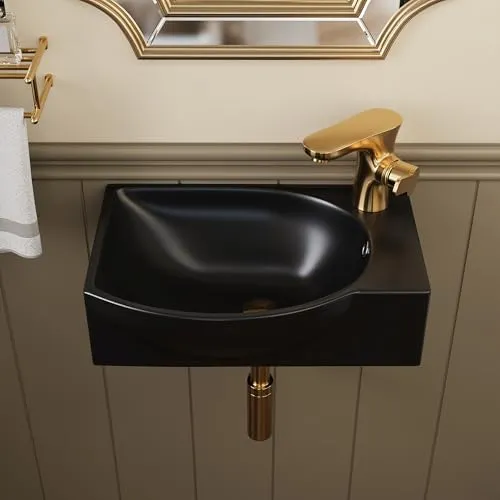 DeerValley Waschbecken, 40 x 28cm Mini Wandwaschbecken, Keramik Handwaschbecken mit mehr Nutzfläche für Badezimmer, Wohnmobil und alle kleinen Räume – Schwarz Armaturloch Rechts
