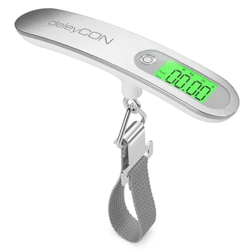 deleyCON Digitale Kofferwaage Gepäckwaage mit Display (bis 50kg, Inkl. Batterie) Tragbare Waage mit Haken für Reisekoffer Küche Angeln Hängewaage Fischwaage mit TARA Funktion Silber/Weiß