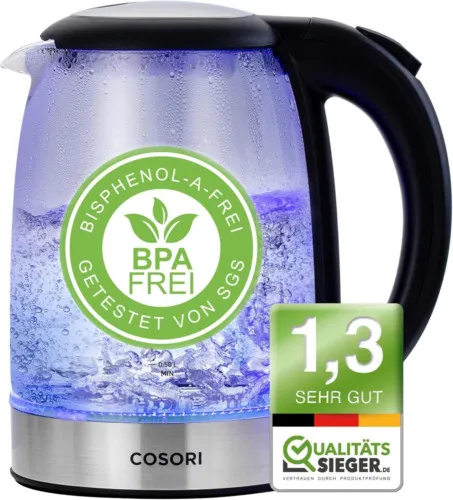 COSORI Wasserkocher Glas 1,7 Liter - BPA-frei, 2200 Watt, Überhitzungsschutz, elegantes Design mit blauer LED-Beleuchtung und Edelstahlfilter
