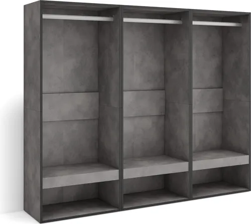 Offener Kleiderschrank 180x35x145 cm - Garderobenschrank ohne Türen, bietet praktischen Stauraum für Kleidung und Accessoires. Modernes Design in Zementgrau mit eleganter Holzmaserung.