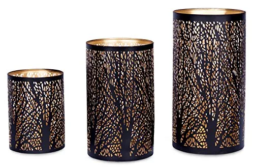 Levandeo® Kerzenlaterne 3er Set - Kerzenhalter aus Metall in Schwarz und Gold mit dekorativem Baumdekor – ideal für stimmungsvolle Akzente in Ihrem Zuhause.