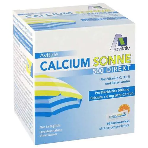 Avitale Calcium Sonne 500 Direkt - 60 Portionssticks - Praktische Portionssticks für eine einfache Einnahme. Ideal für die tägliche Ergänzung von Mineralstoffen. Schnelle Lieferung und gratis Versand für Bonuskunden.