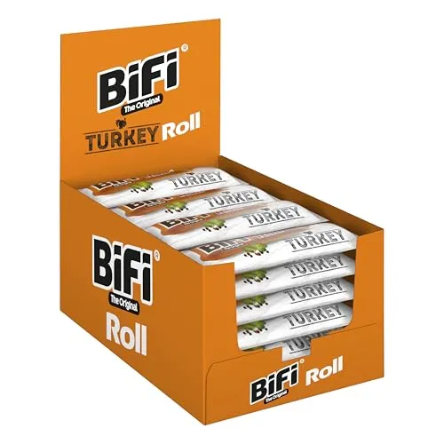 BiFi Roll Turkey - 24er Pack (24 x 45g) - Herzhafter Truthahn–Salami Fleischsnack – Snack im Teigmantel - für Unterwegs, im Büro oder beim Sport - mit Pfeffer, Koriander & Knoblauch