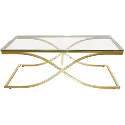 Couchtisch Chris von Möbel Direkt Online - Moderner Couchtisch mit 120x70 cm großer Sicherheits-Klarglasplatte und trendigem messingfarbenen Metallgestell. Ideal für stilvolle Wohnräume.