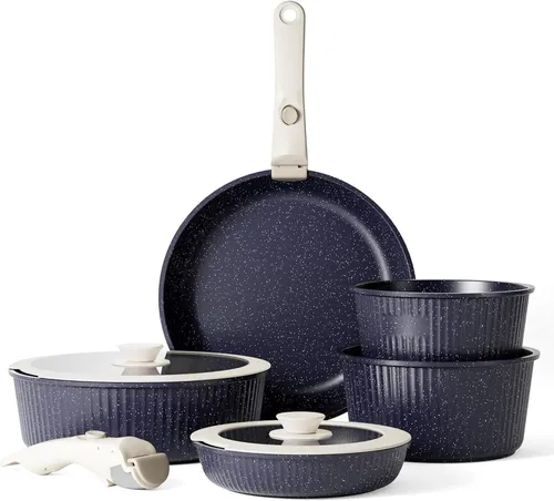 RIOVARM Induktion Töpfe Pfannen Set mit abnehmbaren Griffen - Kochgeschirr mit Antihaft-Granit-Beschichtung, ideal für platzsparendes Kochen und einfache Reinigung.