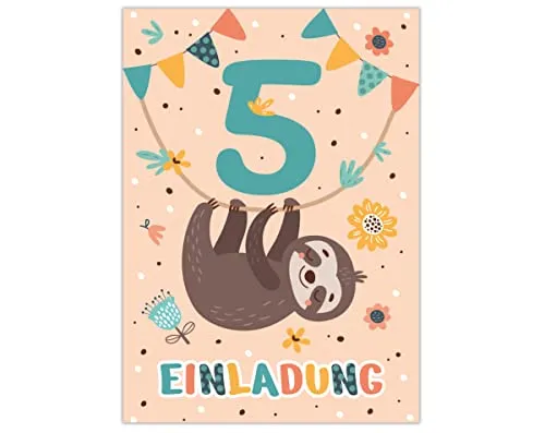 Einladungskarten zum 5. Kindergeburtstag Einladung zum fünften Geburtstag Mädchen Jungen Faultier 12
