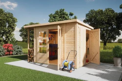 Gartenhaus KARIBU "Multifunktionshaus 1 Pultdach" - Gartenhäuser aus 19 mm nordischer Fichte, einfach im Steck- und Schraubsystem aufzubauen. Mit Sicherheitsüberfalle und 10 Jahren Garantie – ideal für Gartenliebhaber.