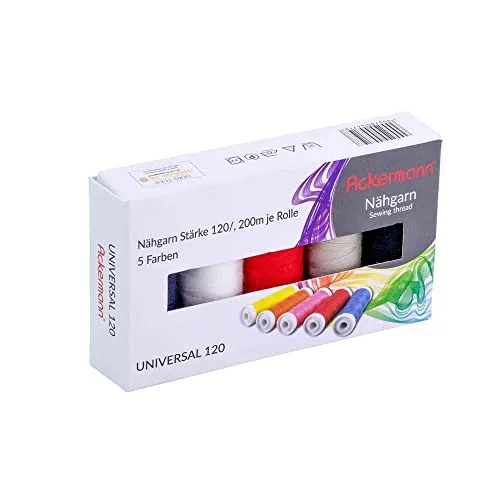 Ackermann 5X 200m UNIVERSAL NÄHGARN (Allesnäher), Stärke 120, 100% Polyester, reißfest (Bunt, Farbenmix (Siehe Abbildung))