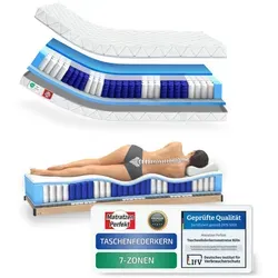 Taschenfederkernmatratze KÖLN 7 Zonen - Matratzen mit 7 Zonen für optimale Körperanpassung, ideal für Bauch-, Seiten- und Rückenschläfer, belastbar bis 150 kg, Allergiker geeignet und waschbarer Bezug.