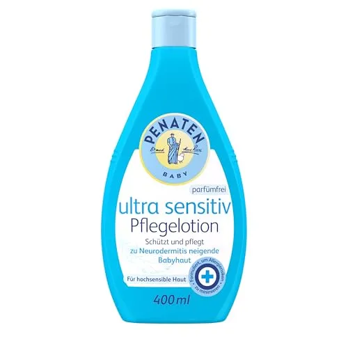 Penaten Ultra Sensitiv Pflegelotion 400ml - Cremes für Babys – Parfümfreie Baby Bodylotion, speziell für zu Neurodermitis neigende Haut entwickelt, schützt und erhöht den Feuchtigkeitsgehalt der empfindlichen Babyhaut.