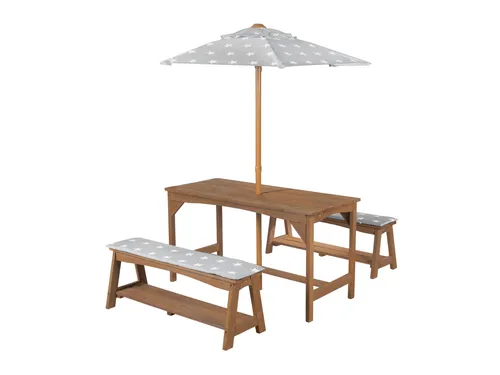 roba Kindersitzgruppe Outdoor+ aus Massivholz - Kinderzimmertisch & -stuhlsets, wetterfest und robust, ideal für 4 Kinder mit inkl. Sitzauflagen und Sonnenschirm im Design 'Little Stars'