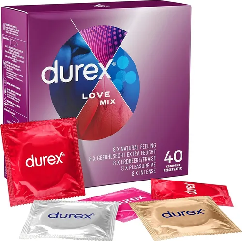 Durex Love Mix Kondome - 40 Stück, vielseitige Mischung mit 5 aufregenden Sorten für sinnliche Abenteuer und mehr Spaß am Sex