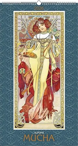 Alpha Edition - Alfons Mucha 2026 – Kunstkalender 33×60 cm mit Jugendstil-Motiven & Glitzereffekt, dekorativer Wandkalender mit Meisterwerken des berühmten Künstlers