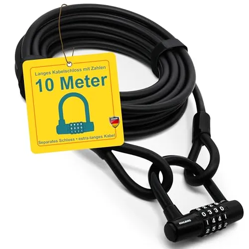 KOHLBURG 10 Meter Kabelschloss mit Zahlenschloss – Robuste Sicherheit für Fahrräder und Gartenmöbel - 10m langes, flexibles Stahlseil mit einem praktischen Zahlenschloss; ideal zum Sichern von Fahrrädern, Booten und Gartenmöbeln. Inklusive 2 Klettverschlüssen für einfache Handhabung.