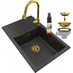 Granitan Granitspüle Louis Golden Line, Schwarz mit Goldpartikeln, 80x50 cm - Elegante Granitspüle mit goldfarbenen Partikeln für stilvolle Küchen. Hohe Widerstandsfähigkeit und inklusive Küchenarmatur, ideal für funktionale und ästhetische Ansprüche.