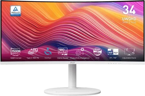 34" MSI Modern MD342CQPW - Ultrawide Gaming Monitor - Ultrawide 34" LED-Monitor mit 3440x1440 Auflösung und 120Hz, ideal für Gaming und produktives Arbeiten dank gebogenem VA-Panel und schneller Reaktionszeit von 1 ms.