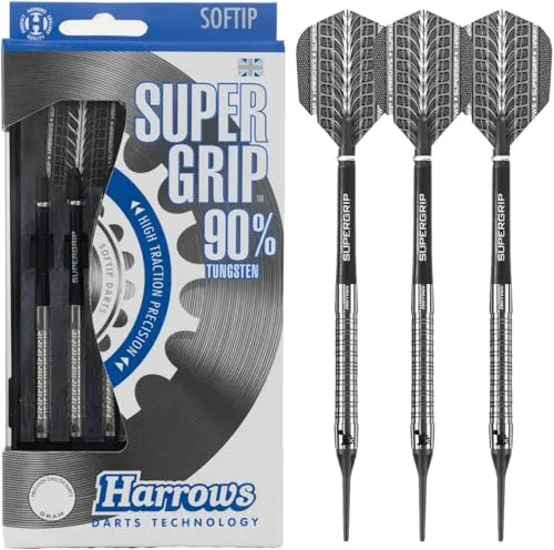 Harrows SUPERGRIP Darts-Set mit weicher Spitze aus 90% Wolfram. Erhältlich in 16 g, 18 g, 20 g – inklusive Supergrip-Schäften, Supergrip-Flights und Reiseetui (20g)