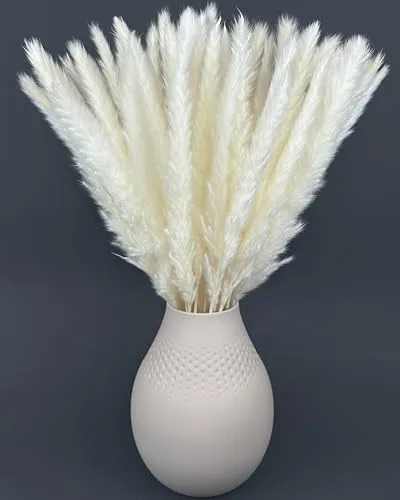 Nina-Maria's Deko Gold Pampasgras Weiß Groß und Klein | 15 Trockenblumen Deko Weiss getrockent für Wohnzimmer & Flur | Boho Trockenblumenstrauß | Getrocknete Gräser, Kunstblumen & Pampas für Vase