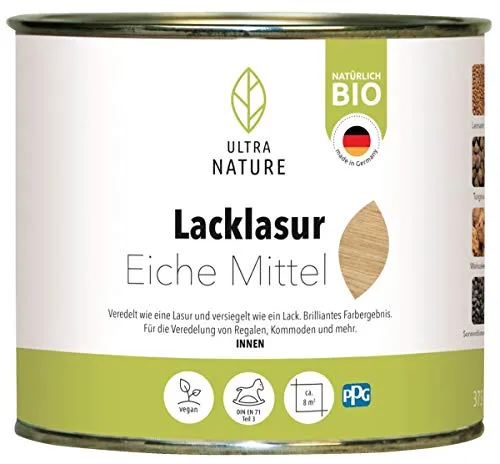 ULTRA NATURE Lacklasur 0,375L, Eiche Mittel, Vegan, Bio, Lösemittelfrei, Seidenglanzend, Holzlasur