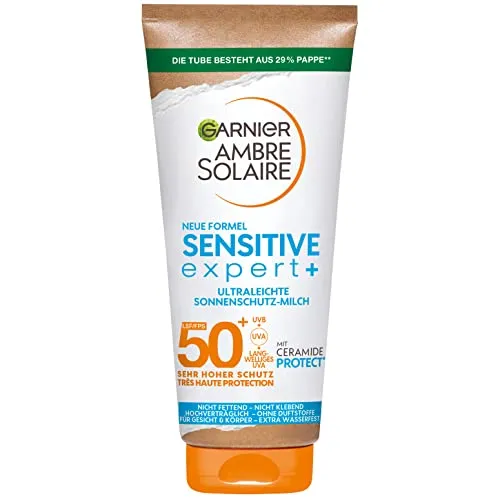 Garnier Ambre Solaire Sensitive expert+ Sonnenschutzmilch LSF 50+ - Ultraleichte Sonnencreme für helle und empfindliche Haut, bietet zuverlässigen Schutz vor Sonnenbrand und Hautalterung, zieht schnell ein ohne Rückstände.