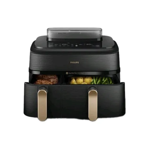 PHILIPS NA552/00 Steam Airfryer 5000 Series - Heißluftfritteuse mit 9L Kapazität (3L+6L), Dual Basket für gleichzeitige Zubereitung und Rapid Air Plus Technologie für gleichmäßiges Garen.