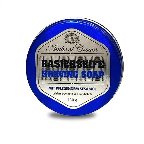 Anthoni Crown feste Rasierseife 150g, Dose reicht für etwa 5 Monate, Reisegröße, mit beruhigendem Sesamöl, fast neutrales Parfum von frischer Seife, nachhaltiges Palmöl, RSPO-Mitglied, Made in Germany