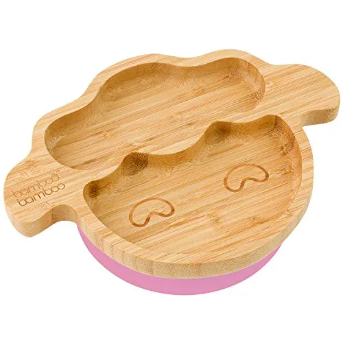 bamboo bamboo Baby Teller Kinderteller, Kindergeschirr mit Saugnapf, Bambus Babyteller mit sicherem Saugnapf, Sugnapf Teller Baby ab 6 Monaten (Lamm, Rosa)