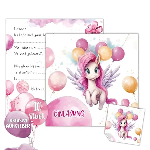 TOBJA Einhorn Einladung Kindergeburtstag Mädchen | XXL Unicorn Einladungskarten Geburtstag 15 x 15 cm | 10er Set mit Stickern | Geburtstagseinladungen (Einhorn)