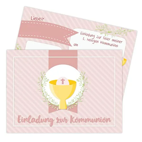 Papierdrachen 12 Einladungskarten zur Kommunion - Motiv Streifen rosa - Einladung zur Heiligen Kommunion für Mädchen und Jungen - DIN A6 - Set 8