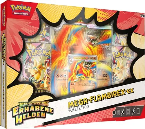Pokémon-Sammelkartenspiel: Kollektion Mega-Entwicklung – Erhabene Helden: Mega-Flambirex-ex (1 holografische Promokarte, 1 überdimensionale Wackelbildkarte und 4 Boosterpacks)