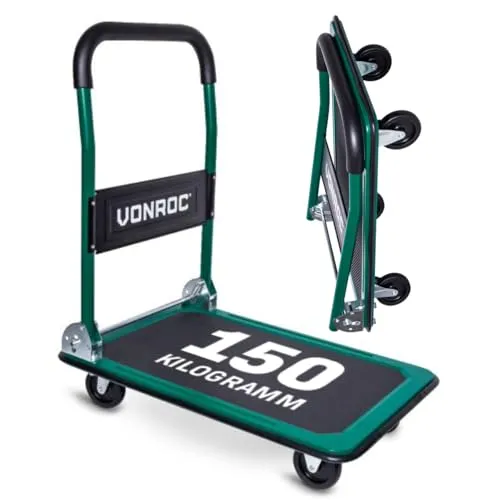 VONROC Klappbarer Transportwagen 150kg - Plattformwagen für mühelosen Transport - Transportwagen für Baumaterialien mit 150 kg Tragkraft, rutschfester Ladefläche und klappbarem Design für platzsparende Aufbewahrung. Ideal für Werkstätten, Lager und Umzüge.