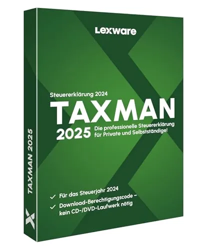 Lexware Finanzsoftware Taxman 2025 - Vollversion für Windows - Steuererklärung Software für 2024, ideal für Arbeitnehmer, Selbstständige und Vermieter. Mit ELSTER-Schnittstelle, Steuerspar-Tipps und intuitiver Benutzeroberfläche.