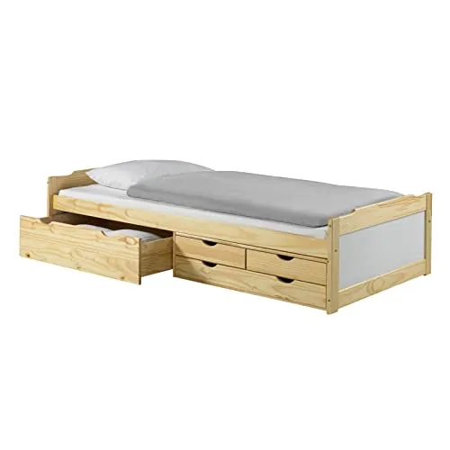 IDIMEX Funktionsbett ANDREA – Stauraum Kinderbett 90x200 cm - Praktisches Funktionsbett mit 4 Schubladen für optimalen Stauraum, ideal als Kinderbett oder Gästebett in natur/weiß. Perfekt für kleine Räume!