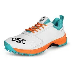 DSC Jaffa 22 Cricket Shoes - Weiß/Orange, Größe 9 UK - Sneaker mit atmungsaktivem Mesh und non-slip Sohle für optimale Stabilität und Traktion auf dem Cricketfeld.