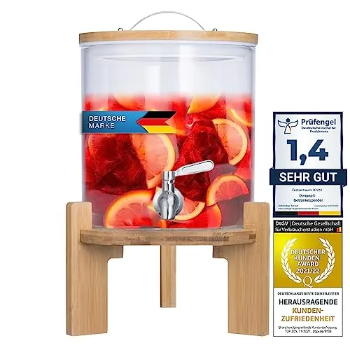 Getränkespender mit Edelstahl Zapfhahn und Bambus Ständer - Eisgetränkeautomaten – 5 Liter hitzebeständiger Glas Wasserspender, ideal für heiße und kalte Getränke bei Partys oder im Garten, schützt vor Verunreinigung.