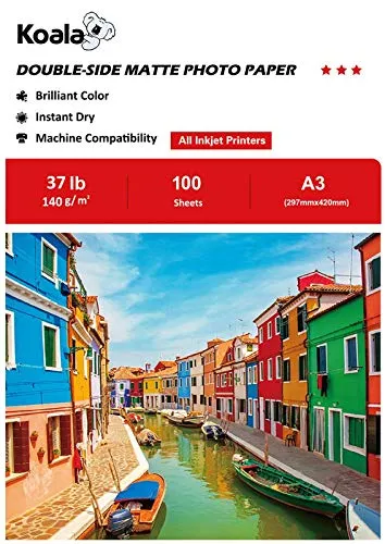 Koala Fotopapier für Tintenstrahldrucker, Doppelseitig, Matt, A3, 140 g/m², 100 Blatt. Geeignet zum Drucken von Fotos, Zertifikaten, Broschüren, Flyern, Faltblättern, Grußkarten, Kalendern, Kunst