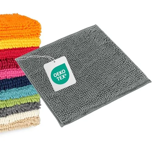 WohnDirect Badematte 45x45 cm Grau – Kleiner Badvorleger für Gäste-WC & Dusche – Weicher Hochflor Badezimmerteppich Quadratisch, Saugstark & Waschbar (Versand aus DE)