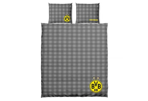 Borussia Dortmund BVB Wendebettwäsche 200 x 220 - Bettwaren-Set für Kinder im BVB-Design, 100% Baumwolle, mit wendbarem Design und praktischem Knopfverschluss für Kissen und Deckenbezug.