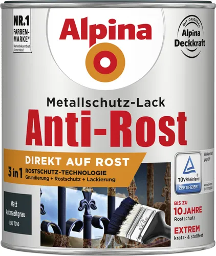 Alpina Metallschutz-Lack Anti-Rost 750 ml anthrazit matt - Hochwertiger Speziallack für metallische Oberflächen, schützt vor Rost und sorgt für eine matte, ansprechende Optik. Ideal für kreative Projekte und langlebigen Schutz.