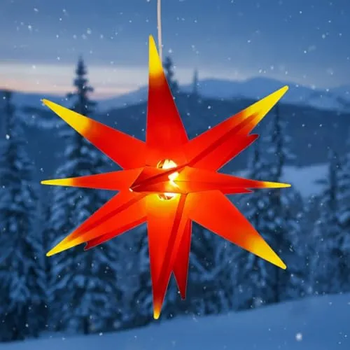 GURU SHOP 3D Batterie Außenstern Kaspar, Weihnachtsstern, Faltstern mit 18 Spitzen Incl. 7 m Kabel & LED Leuchtmittel - Ø 55 cm 4xAA Rot/gelb Offen