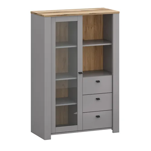 Glasvitrine Latour Standvitrine 90x42x135cm - Moderne Standvitrine in Grau mit 6 Regalfächern und 3 Schubladen, ideal für stilvolle Präsentation im Wohnzimmer.