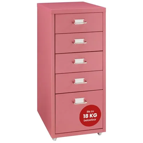 [en.casa] Rollcontainer Kökar - Mobiler Schubladenschrank in Wassermelonenrot - Aktenschrank mit 5 Schubladen für optimale Büroorganisation und Flexibilität dank Rollen. Robuste Stahlkonstruktion sorgt für Langlebigkeit und einfache Handhabung.