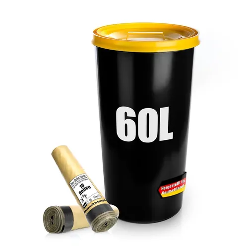 BigDean Mülleimer Gelber Sack Tonne 60L mit Deckel - Mülleimer für Gelber Sack, luftdicht und hygienisch – ideal für Abfallentsorgung in Haushalten und Büros. Enthält 10 Rollen gelber Säcke für einfache Mülltrennung.