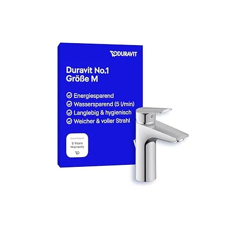 Duravit No.1 Waschtischarmatur, Größe M (Auslauf Höhe 117 mm), Wasserhahn Bad mit Zugstangen-Ablaufgarnitur, Waschbecken Armatur mit energiesparender FreshStart-Funktion, Chrom
