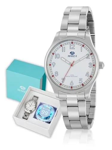 MAREA Kinderuhr zur Kommunion B36204/1 – Gehäuse und Armband aus Stahl, weißes Zifferblatt mit blauen Zahlen, Set mit Bluetooth-Kopfhörern, silber