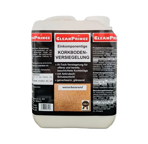 CleanPrince Bodenversiegelung für Korkboden - Bodenbeschichtung für Kork, hoch strapazierfähig und schmutzabweisend, ideal für beanspruchte Flächen in Schulen, Büros und Gaststätten.