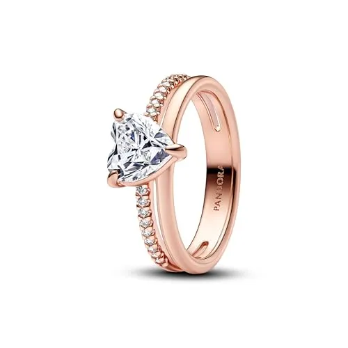 PANDORA Timeless Doppelband Herz Ring aus Sterling Silber mit 14k vergoldeter Metalllegierung mit künstlichem Kristall und Zirkonia, Größe: 56, 183100C01-56